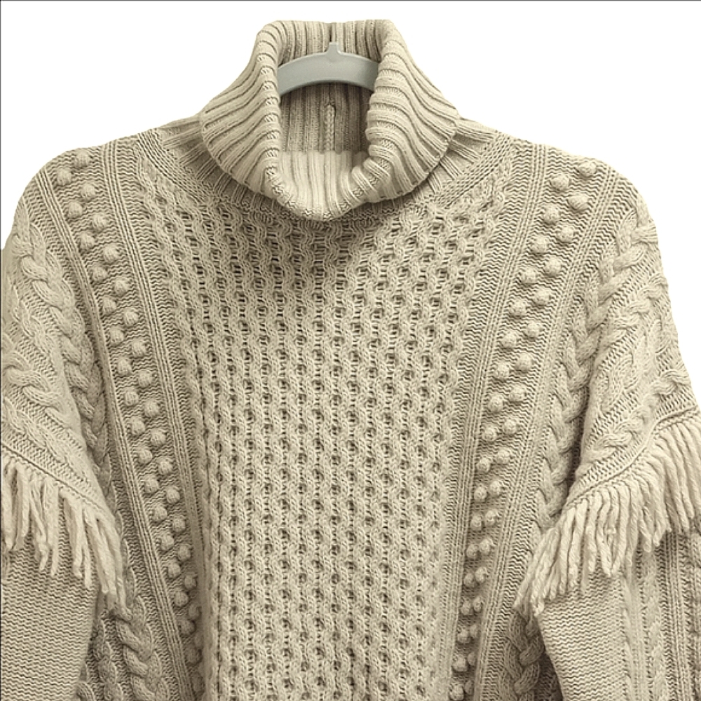 🆕 MAXMARA WEEKEND "LODOLA" BEIGE VIRGIN WOOL CABLE FRINGE TURTLENECK - Picture 4 of 12